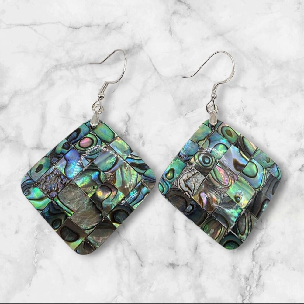 Genuine Abalone Shell Square Dangle Earrings Sterling Silver 925 Hook Closure